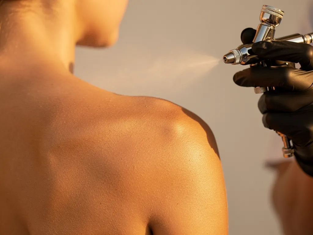 Close-up of an airbrush applying spray tan solution to sun-kissed skin