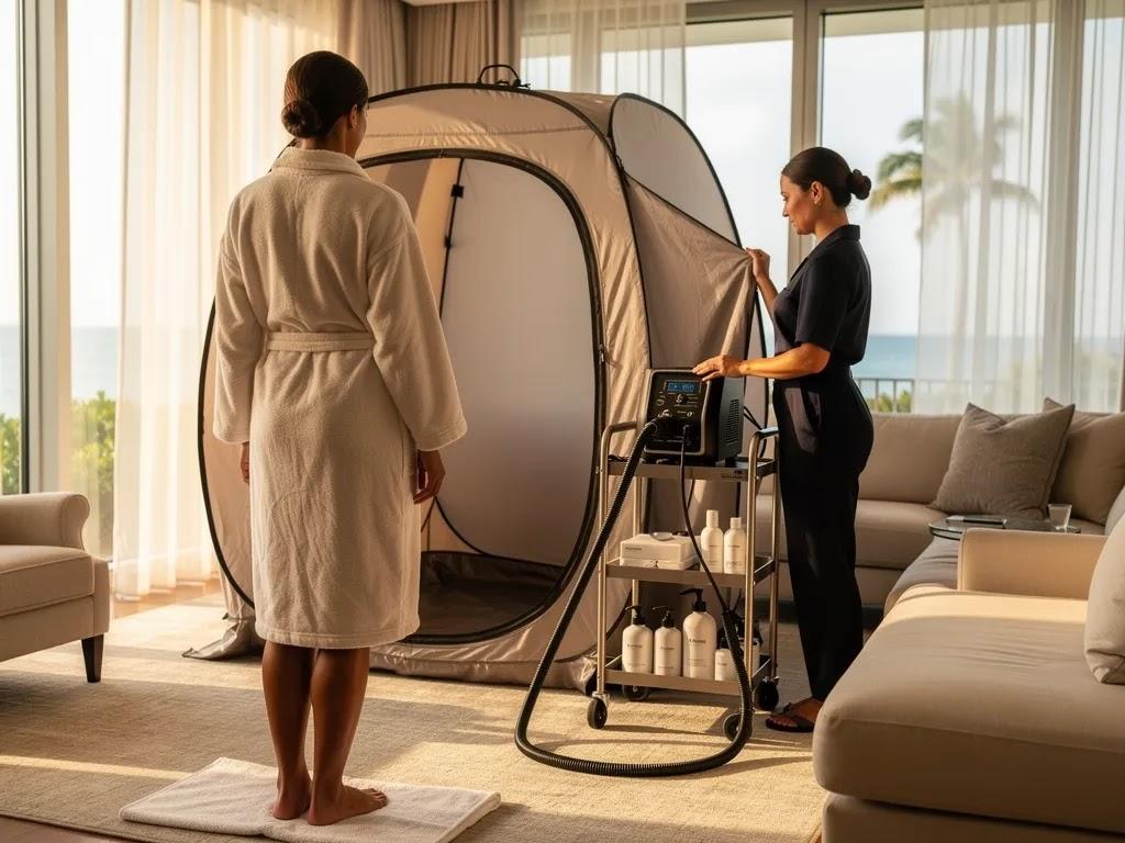 Client relaxing after a luxury mobile spray tan session