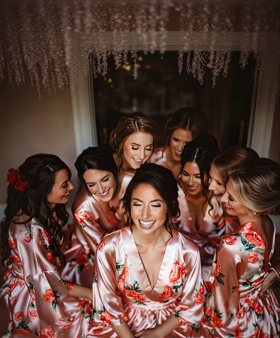 Bridal party in floral satin robes laughing together
