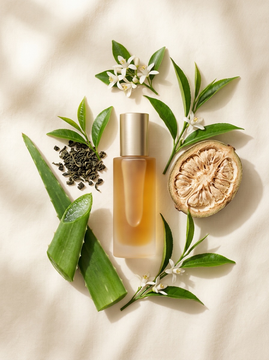 Editorial flat-lay of aloe vera, green tea leaves, orange blossom, baobab fruit and a frosted spray tan solution bottle