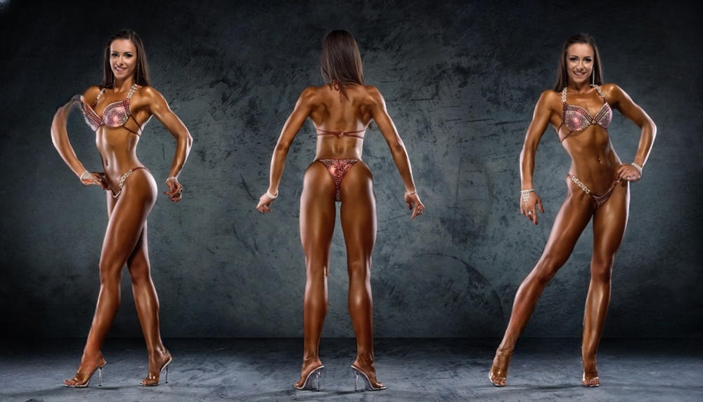 Bikini competition athlete posing in shimmering competition tan, three angles