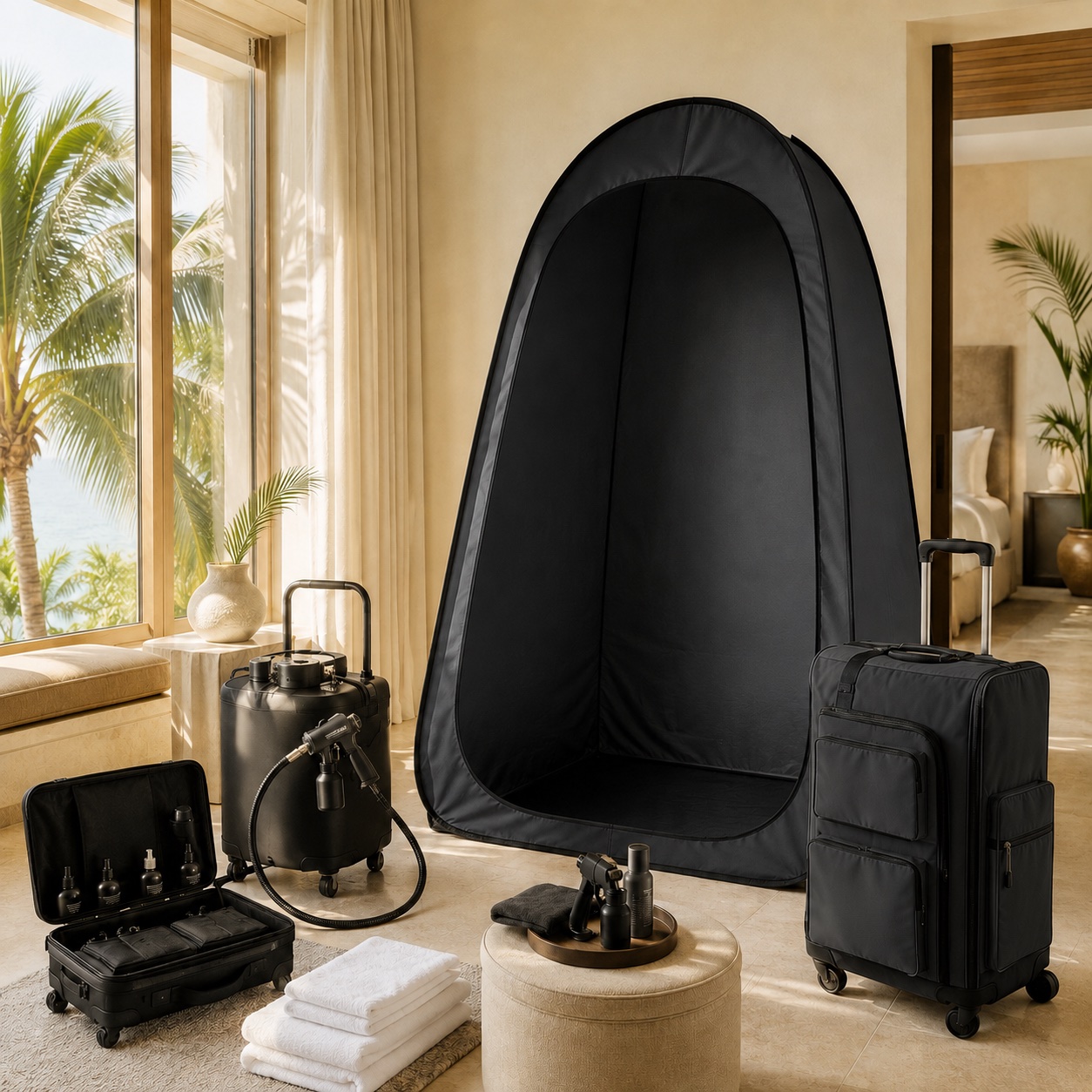 Mobile spray tanning technician arriving with full setup equipment