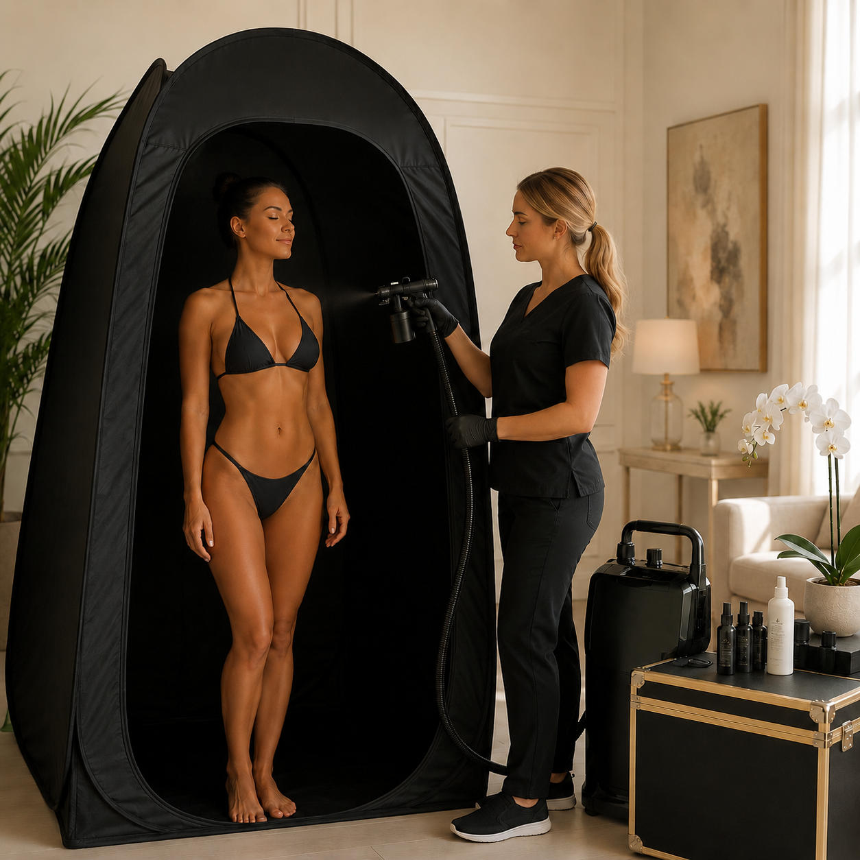 20-minute mobile spray tan application in progress